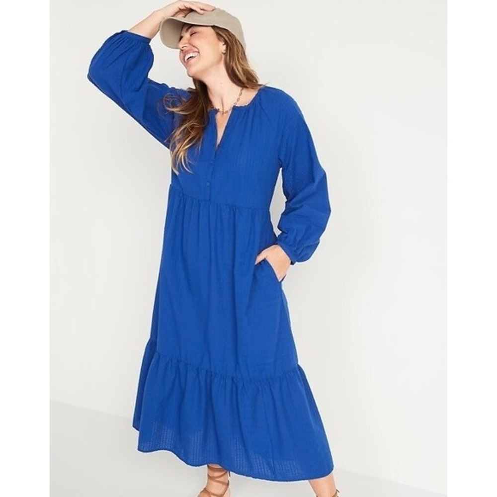 Long Sleeve Blue Old Navy Seersucker Tiered Midi Dress XXL CottageCore Boho
